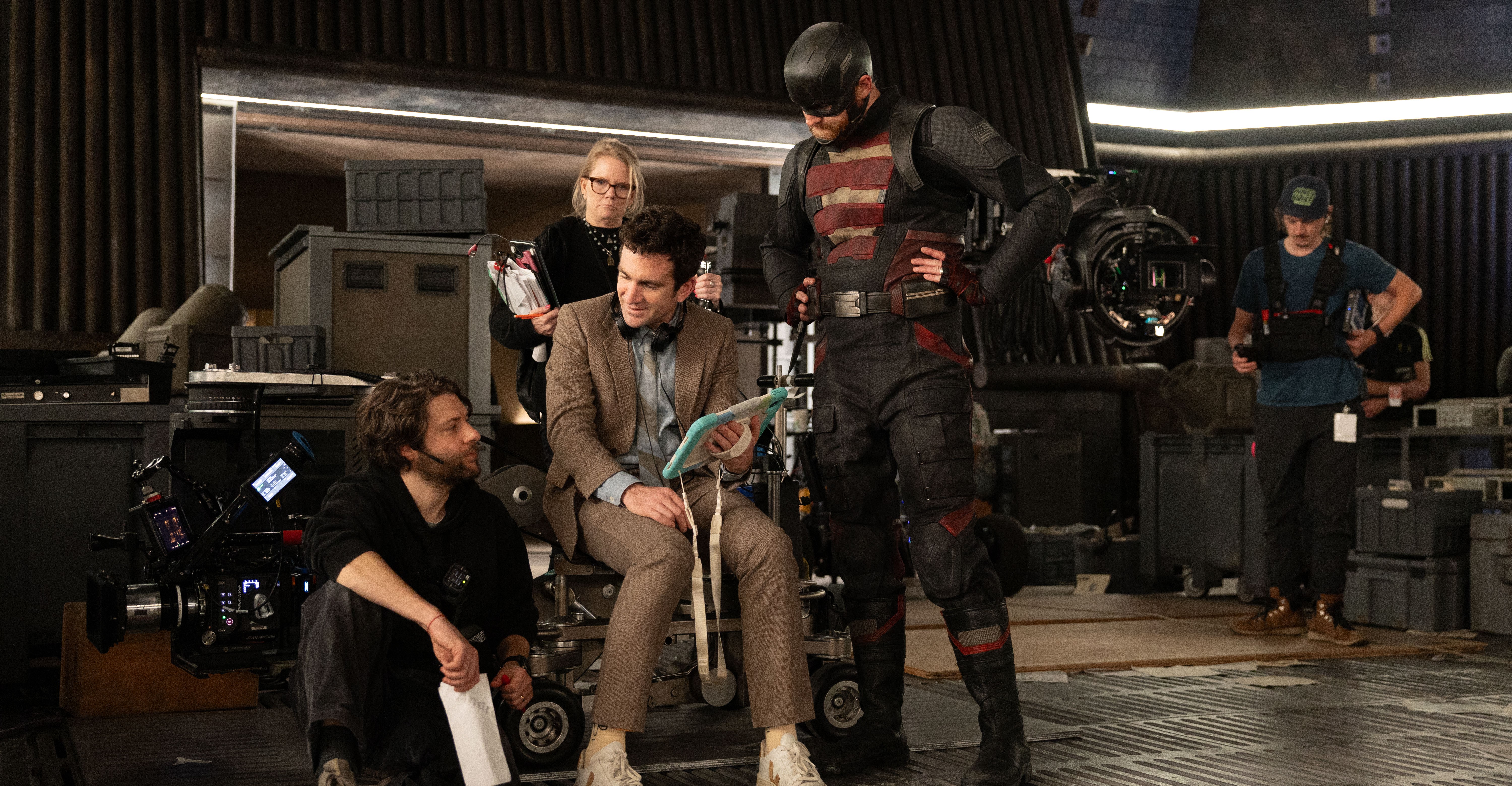 Director Jake Schreier gives notes to Wyatt Russell on the set of Thunderbolts*