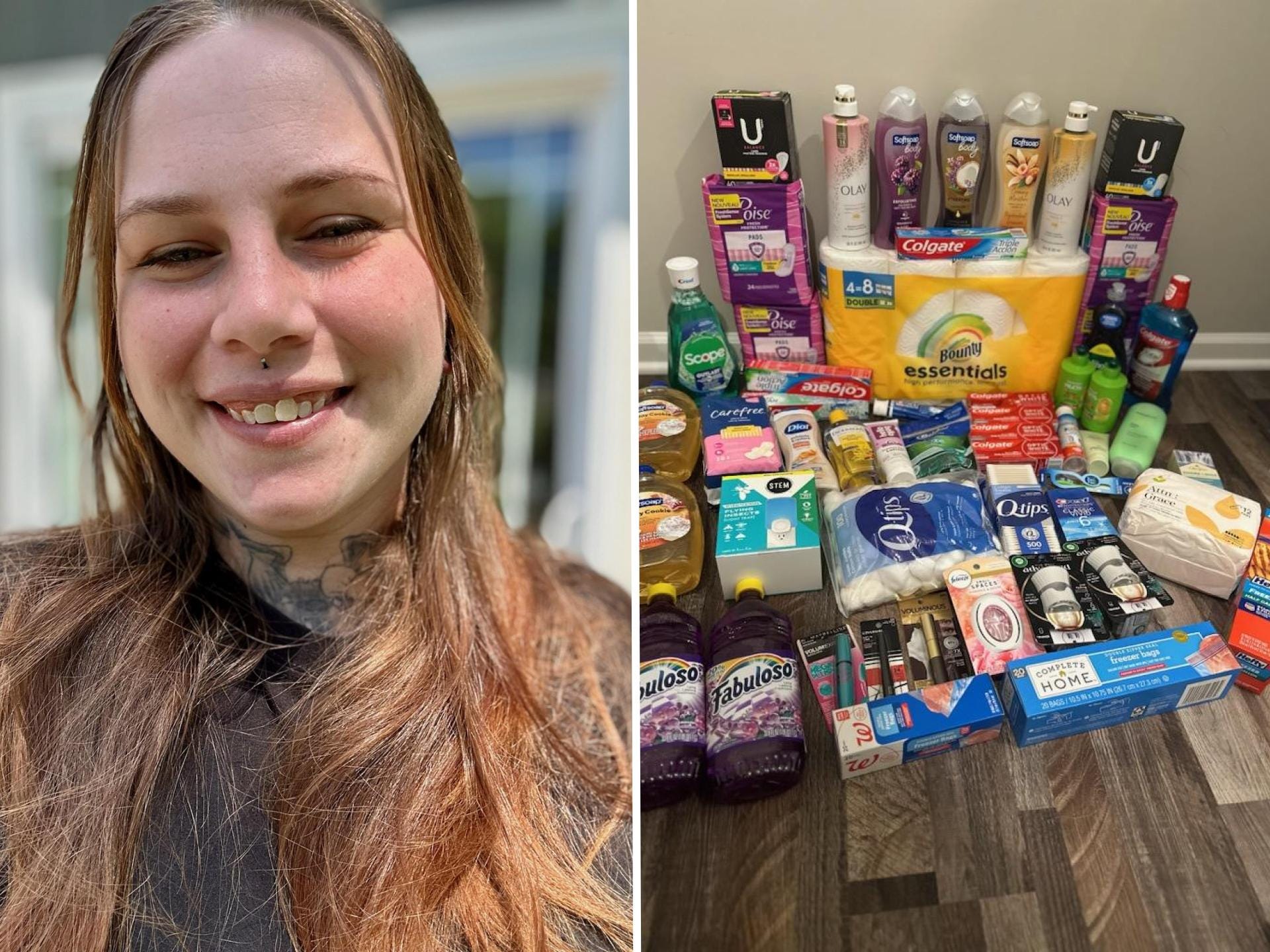 Nicole Crowley (left) and goods she got for free or near-free
