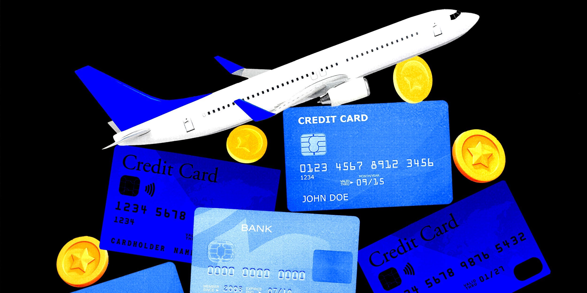 Airplane on top of credit cards.