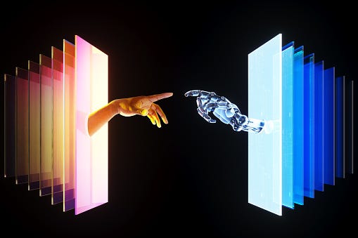 AI and Human hands meet.