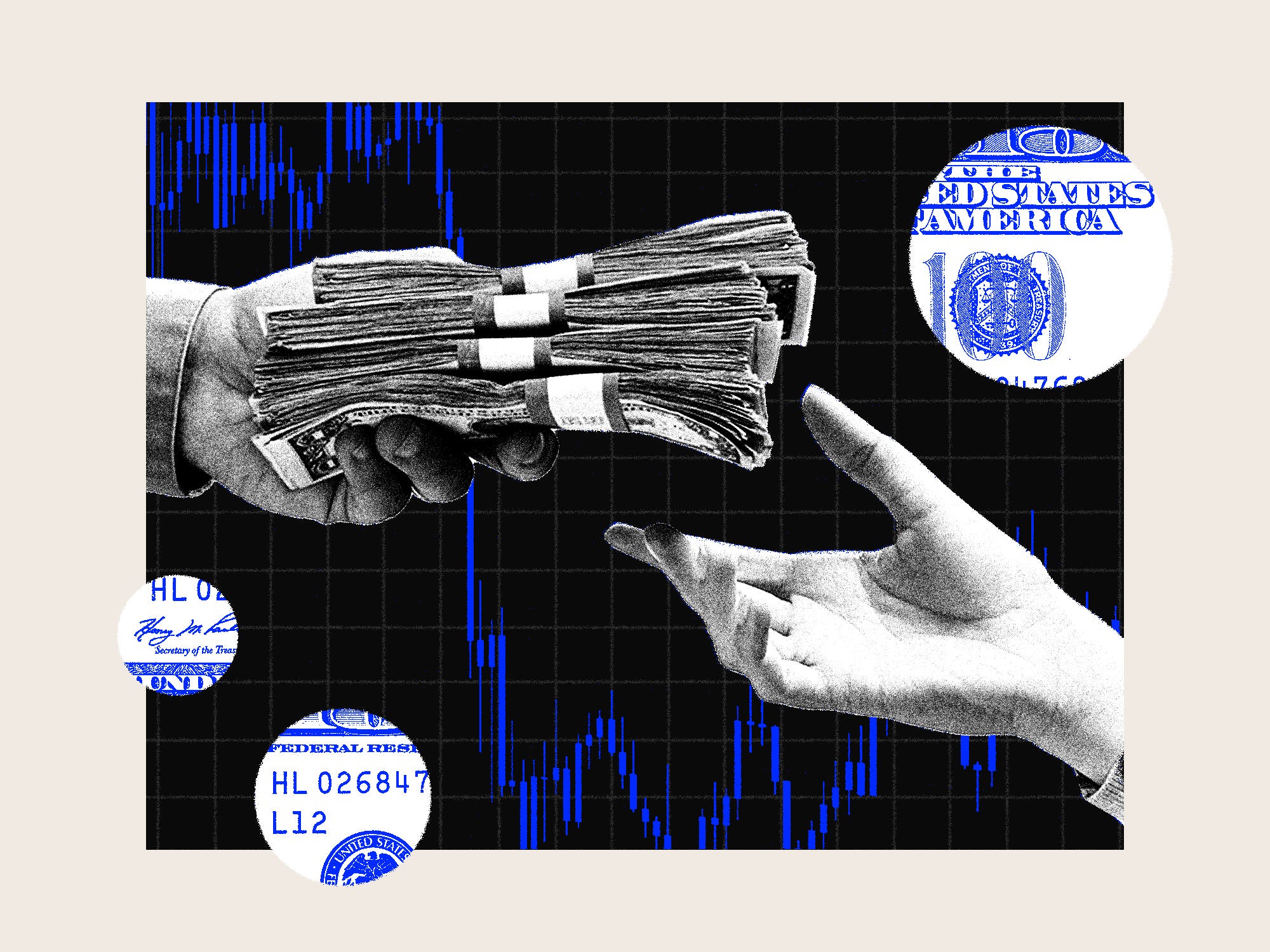 A photo collage of someone being handed cash