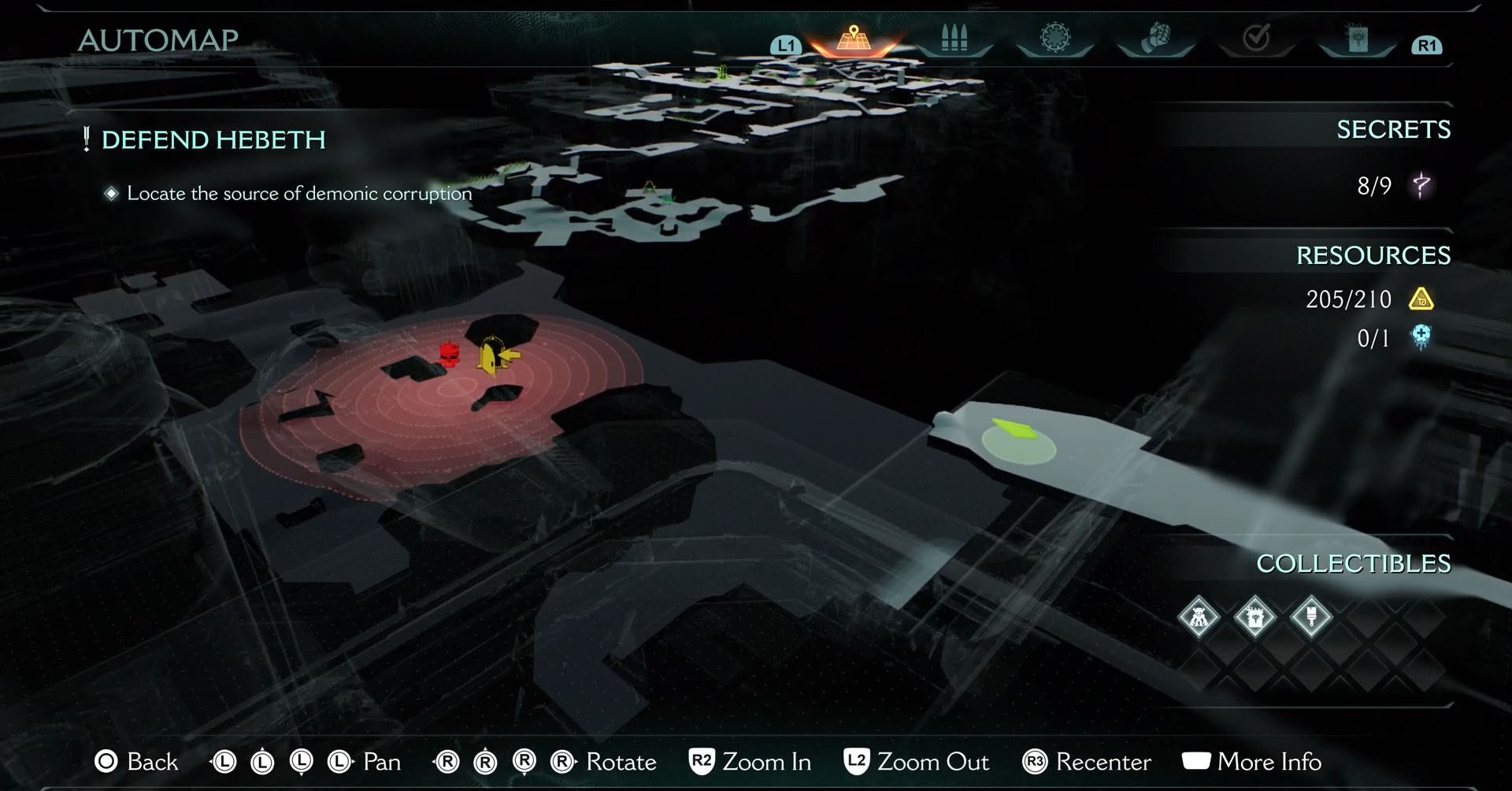 A Doom: The Dark Ages screenshot showing the map of Hebeth. In a 3D representation of the place, you can see a red skull icon in the next large area, meaning you’re about the find an enemy.