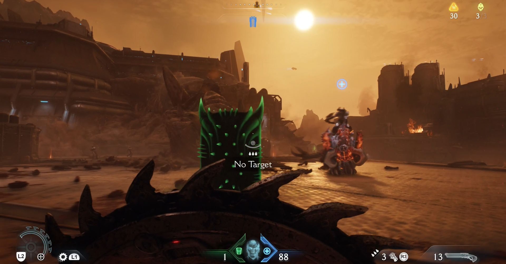 Image showing a magical green shield floating toward the play. This is an attack of the leader found in Hebeth, the second level in Doom: The Dark Ages.