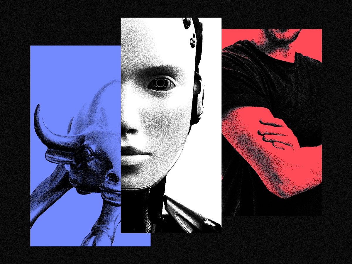 A collage with the Wall Street Bull, AI and a man with folded arms.