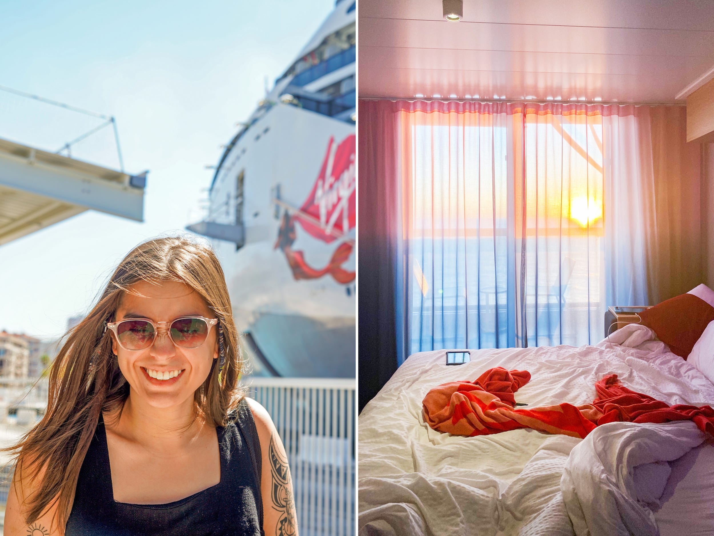 A composite image of the author in sunglasses smiles in front of cruise ship and a bed with a white comforter and a red throw blanket is in front of floor-to-ceiling windows, with red and blue sheer curtains. The sun setting over the ocean is seen through the curtains.