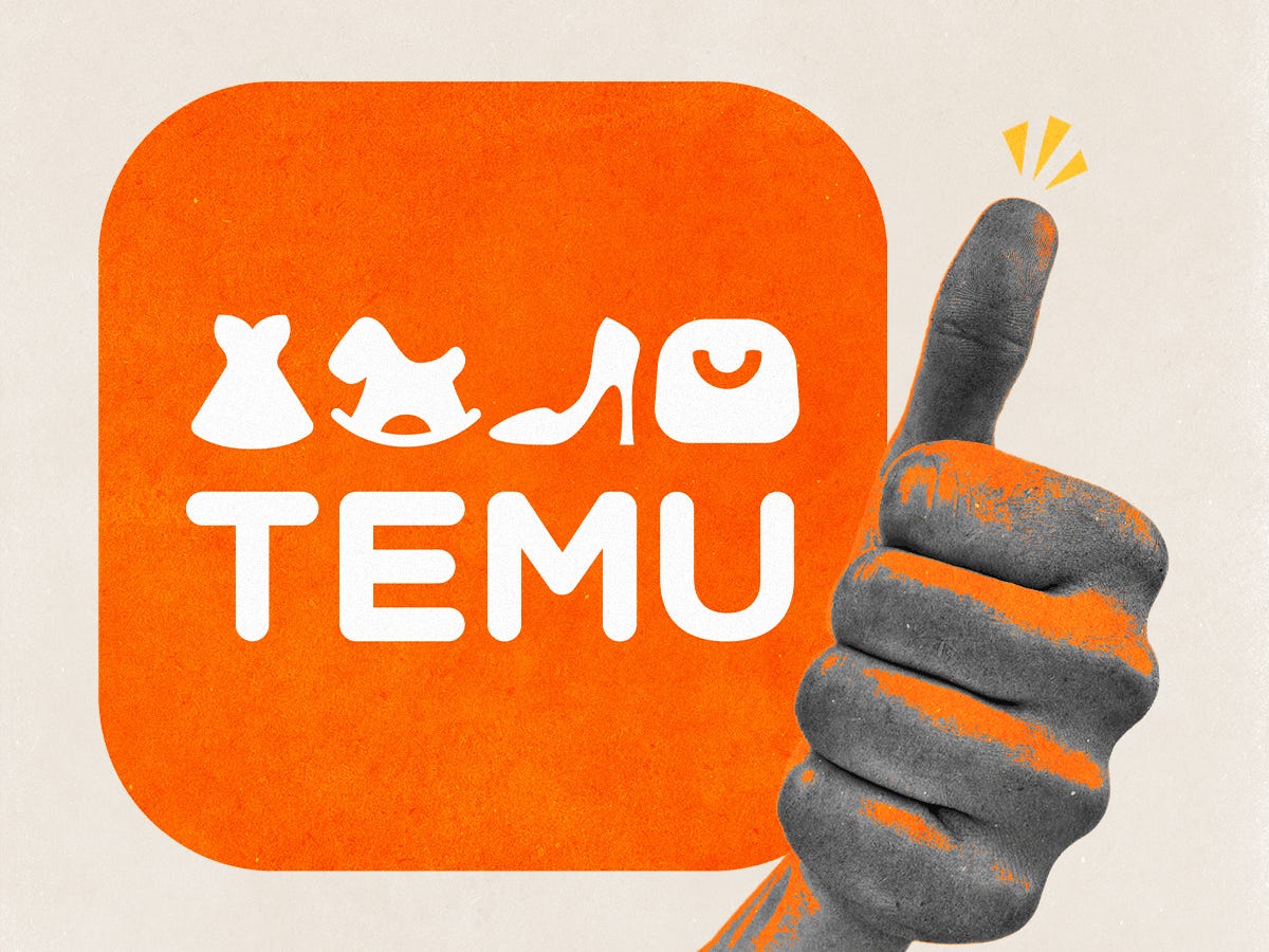 Temu logo giving a thumbs up.