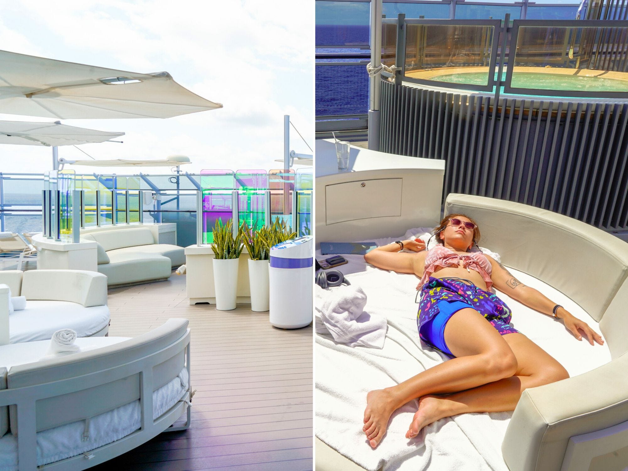 A composite image of white couches, chairs, and umbrellas with iridescent glass dividers and the author laying on a white bed on a cruise ship deck with a plunge pool behind her.