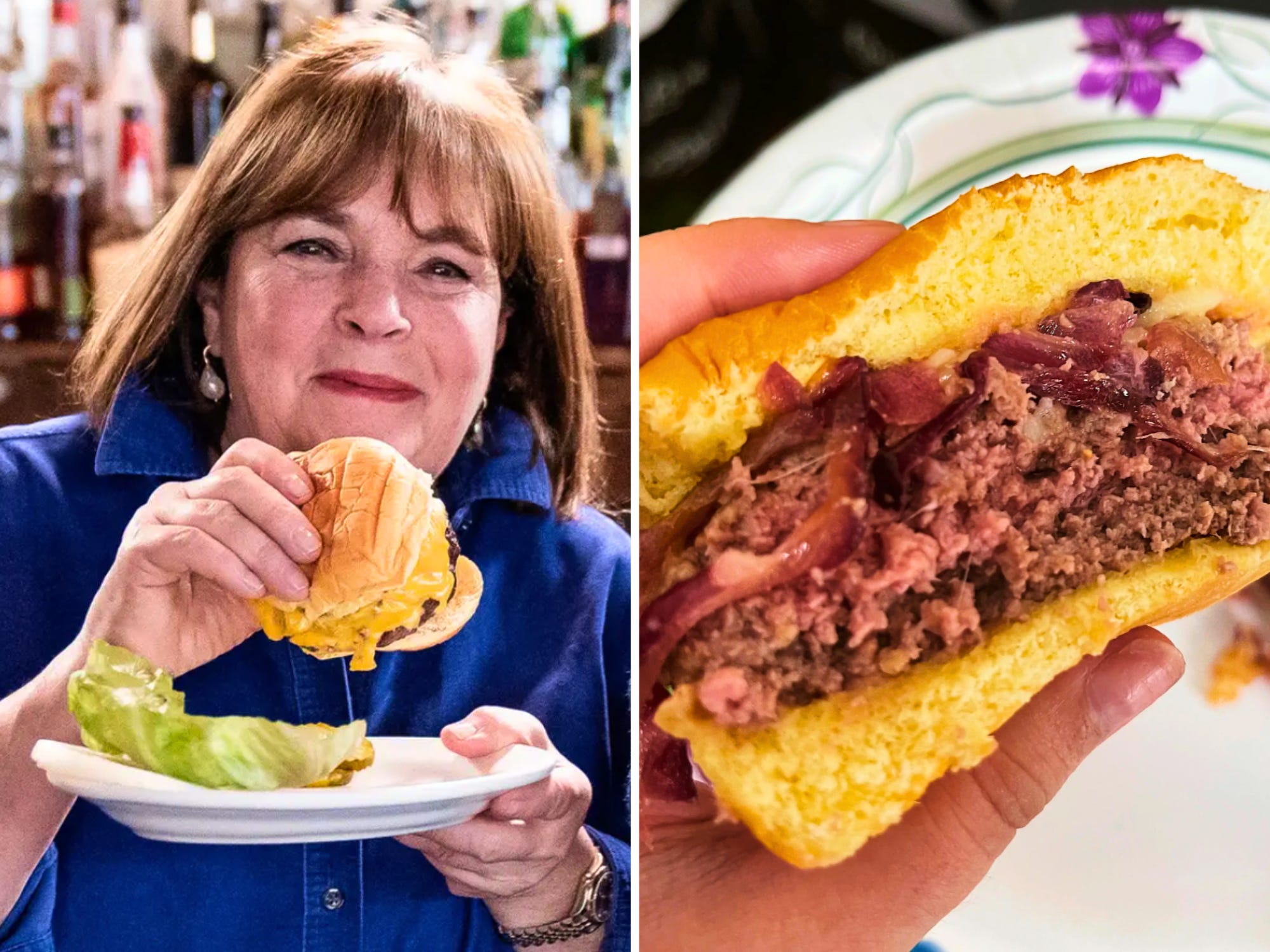 ina garten holding a cheeseburger and her caramelized onion burgers