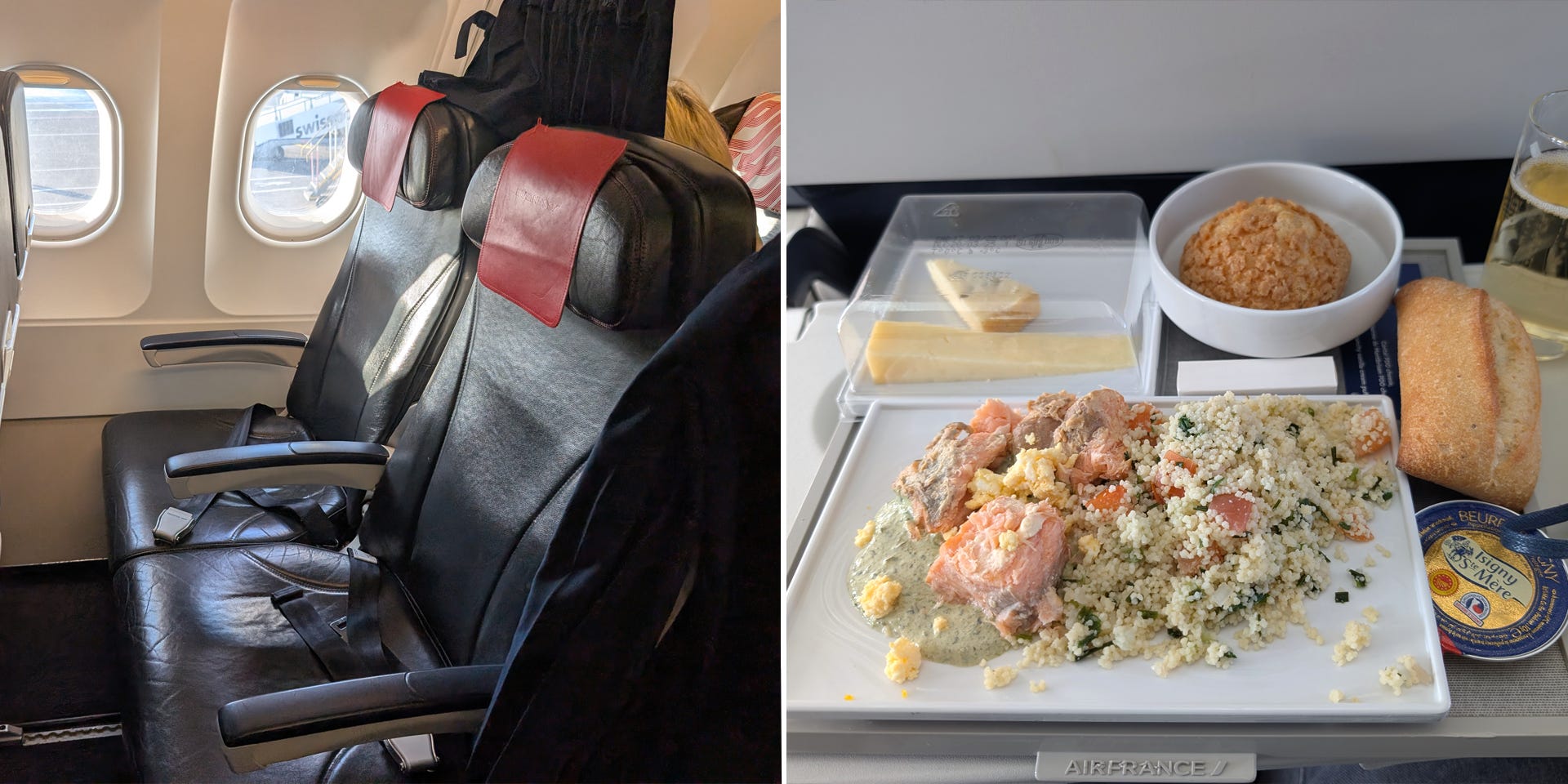 COmposite of leather business class Air France seats next to salmon couscous, bread, cheese, bubbly on plane tray