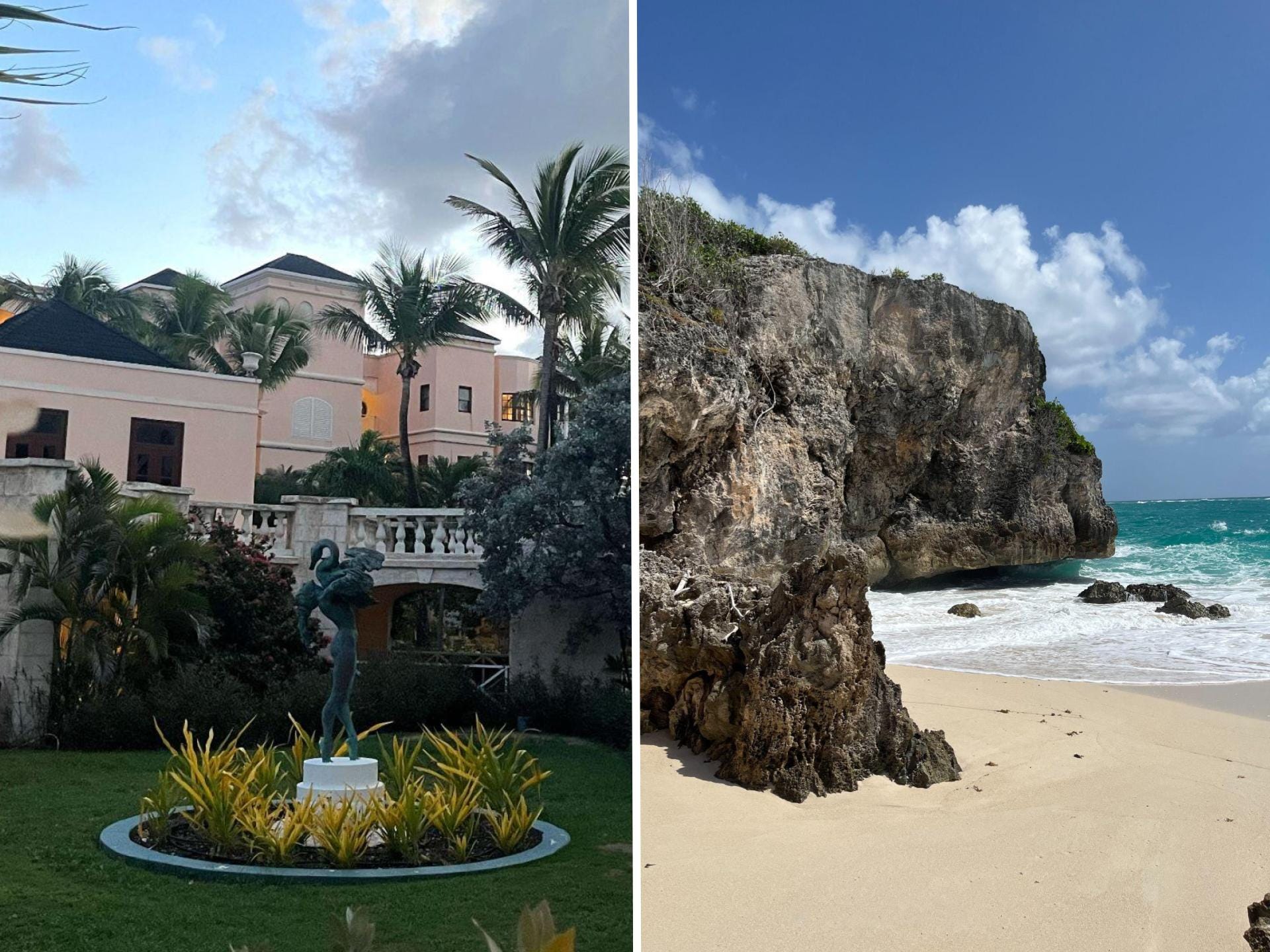 A composite image of the courtyard of a resort with palm trees and a statue, and a beach with large rock formations.