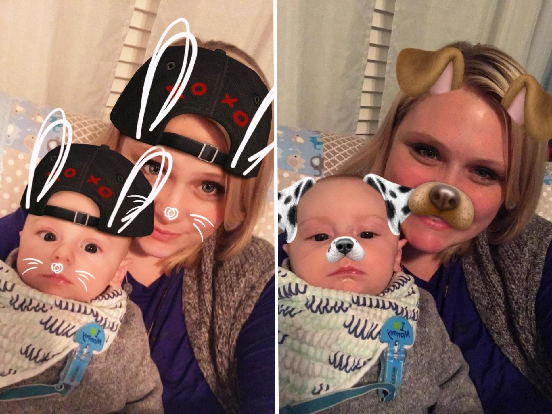 Mom and baby posing with snapchat filters