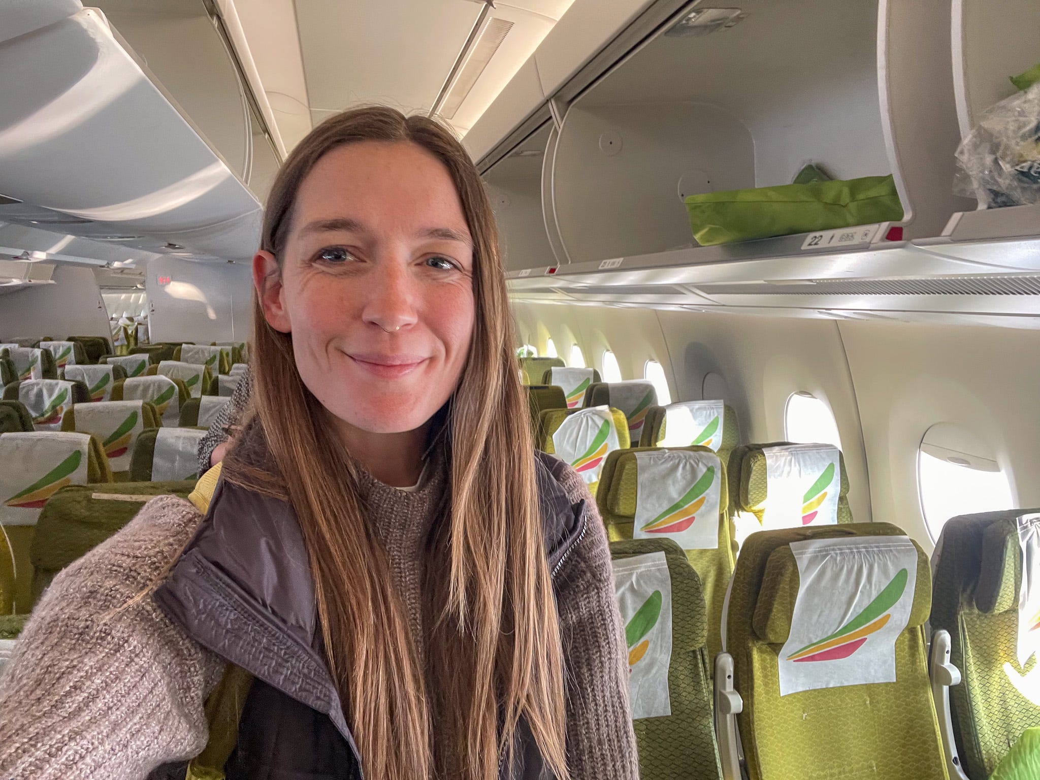 The author disembarking one of the four flights of her 31-hour journey to Tanzania.