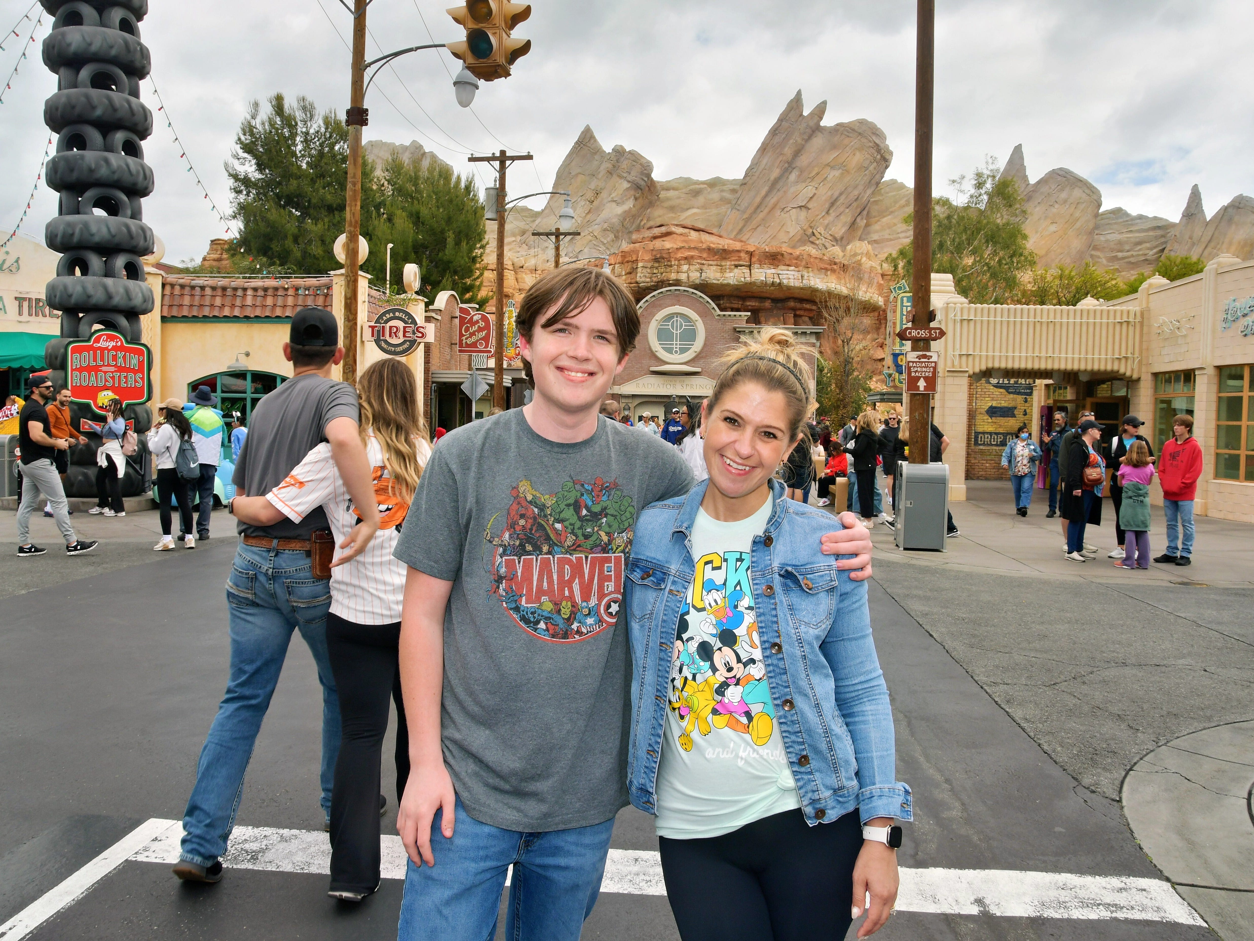 The author and her son at a theme park in California.