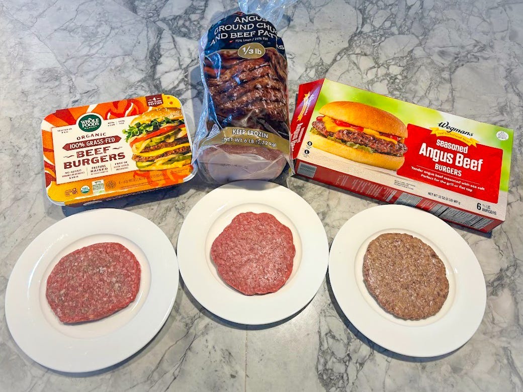 Three raw premade patties on white plates with an orange Whole Foods patty box, a package with a black Kirkland Signature label on it, and a green and red box with a Wegmans logo on it on a gray marble table