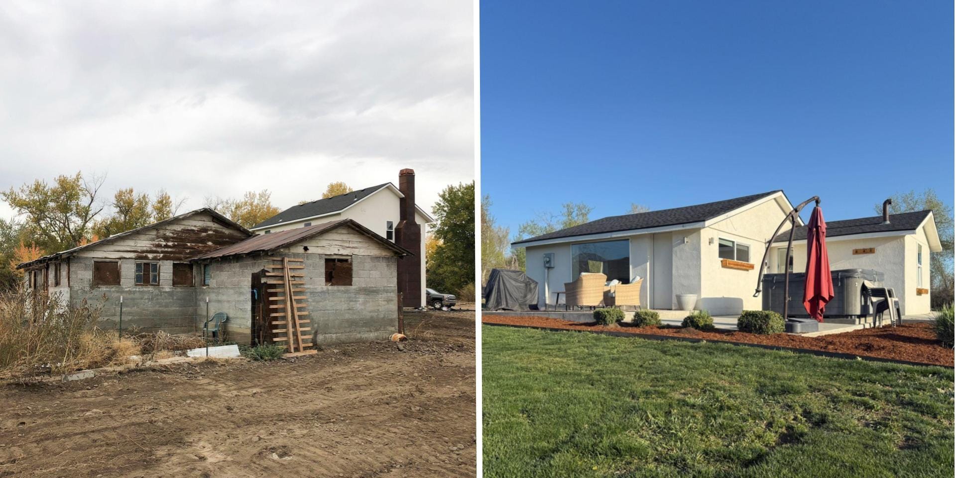 On the left, an old, dilapidated barn, and on the right, an updated home.