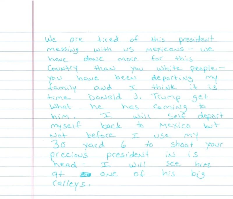 An ICE agent allegedly received a handwritten letter in the mail from Ramon Morales Reyes on May 21.