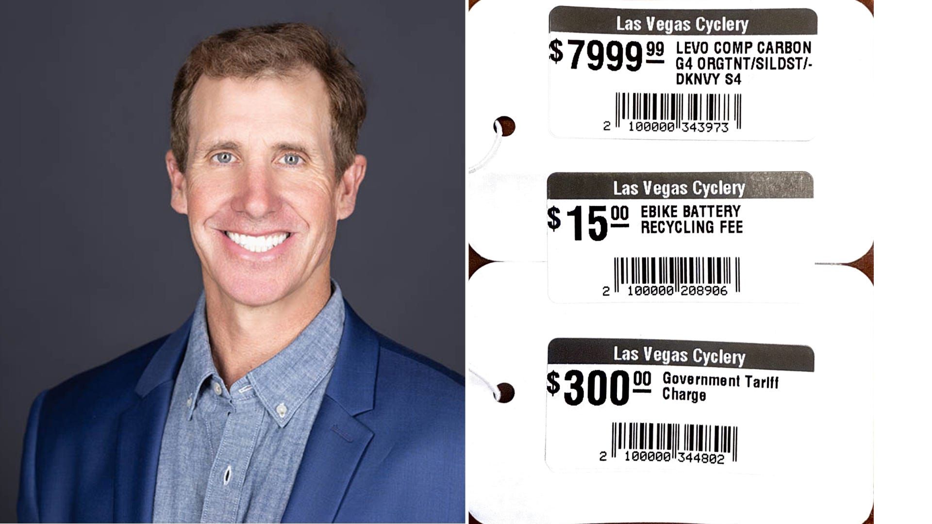 Headshot of Jared Fisher; A price tag with a tariff line of $300.