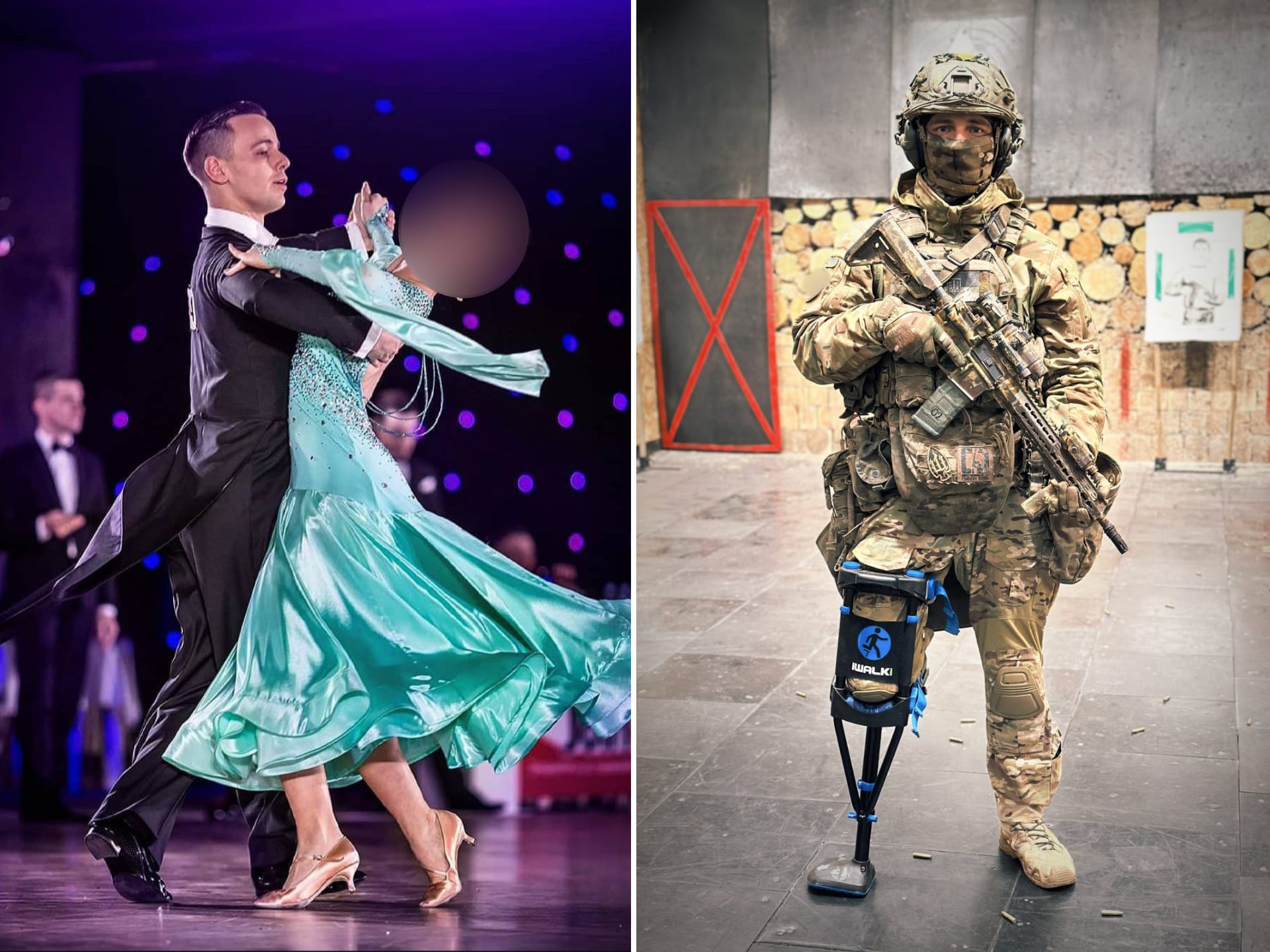 Serhii Nazarenko dances with a partner in the left photo. On the right, he stands with his combat gear, rifle, and prosthetic leg on the right photo.