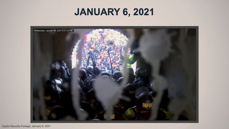 Washington Metropolitan Police Department riot police officers face off with rioters fighting to enter the West Front door of the U.S. Capitol on January 6, 20201 in a still photo from U.S. Capitol Security footage that was introduced as evidence by House impeachment managers during the impeachment trial of former President Trump on charges of inciting the deadly attack.