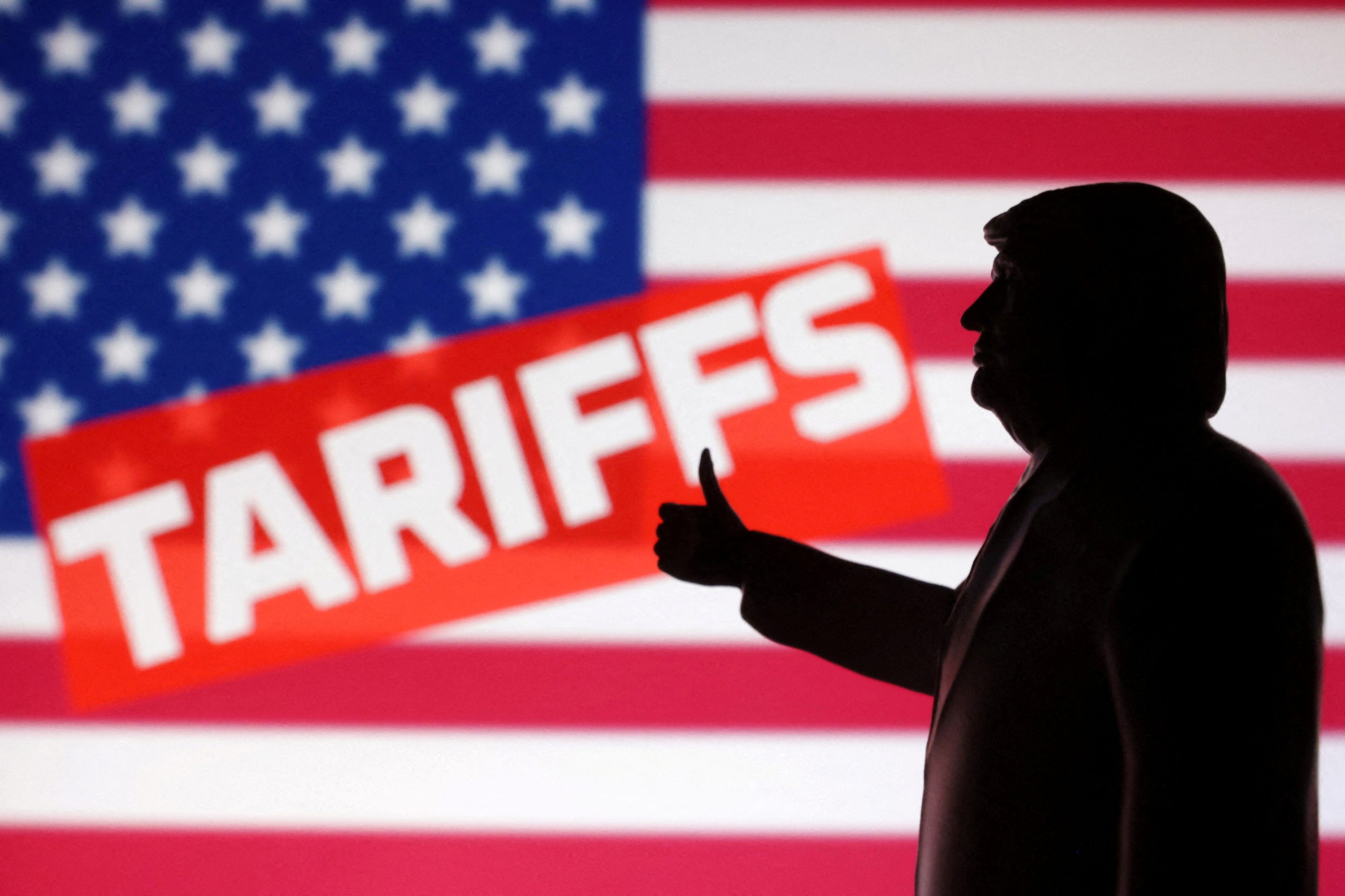 Illustration shows 3D-printed miniature model depicting U.S. President Donald Trump, U.S. flag and word "Tariffs
