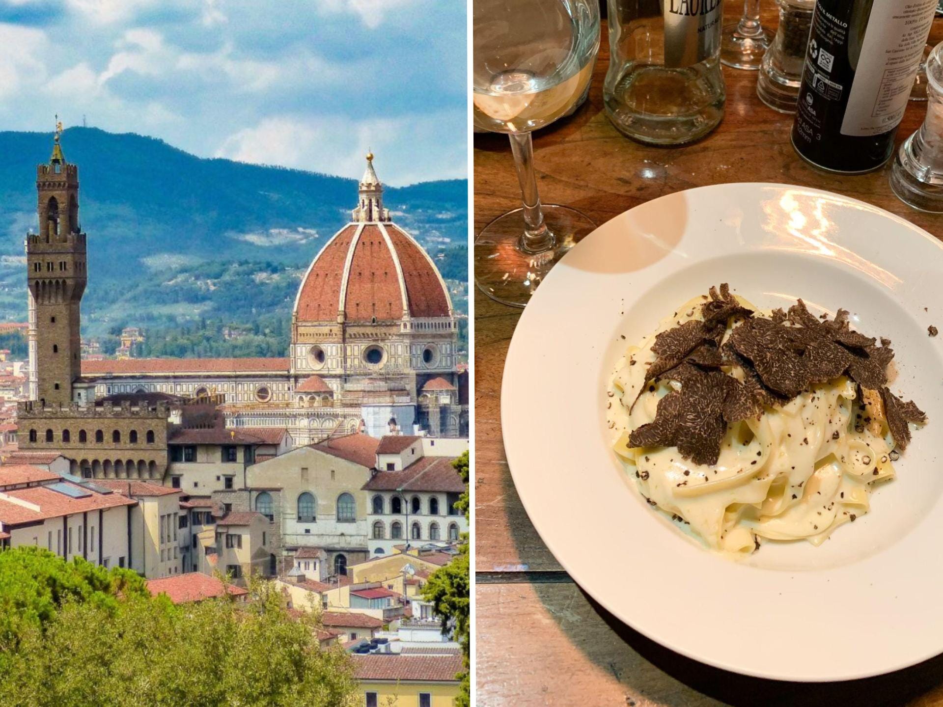 Split Image: The skyline of Florence and the author's truffle pasta and wine at Osteria Pastella in Florence.