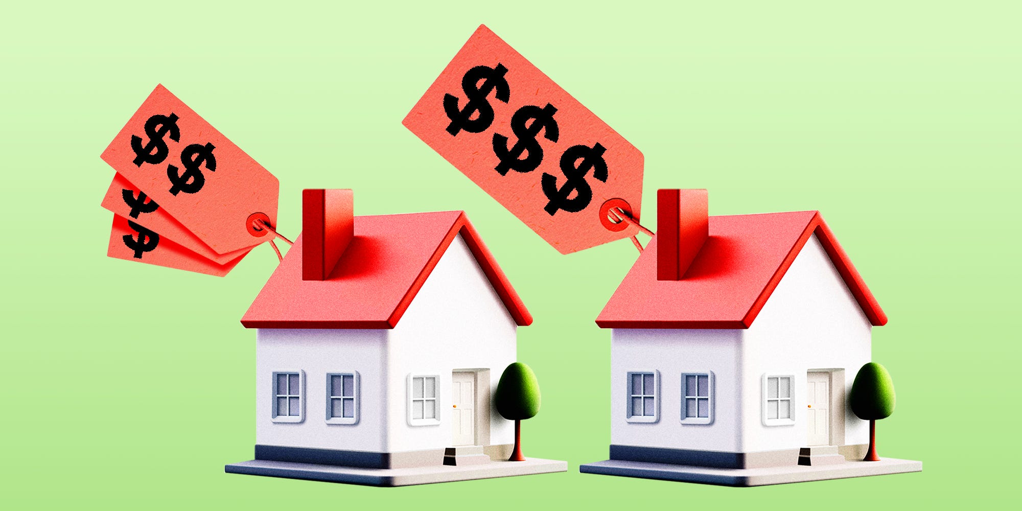 2 houses with price tags on them. The one on the left has multiple hidden price tags in comparison to the one on the right having one large price tag