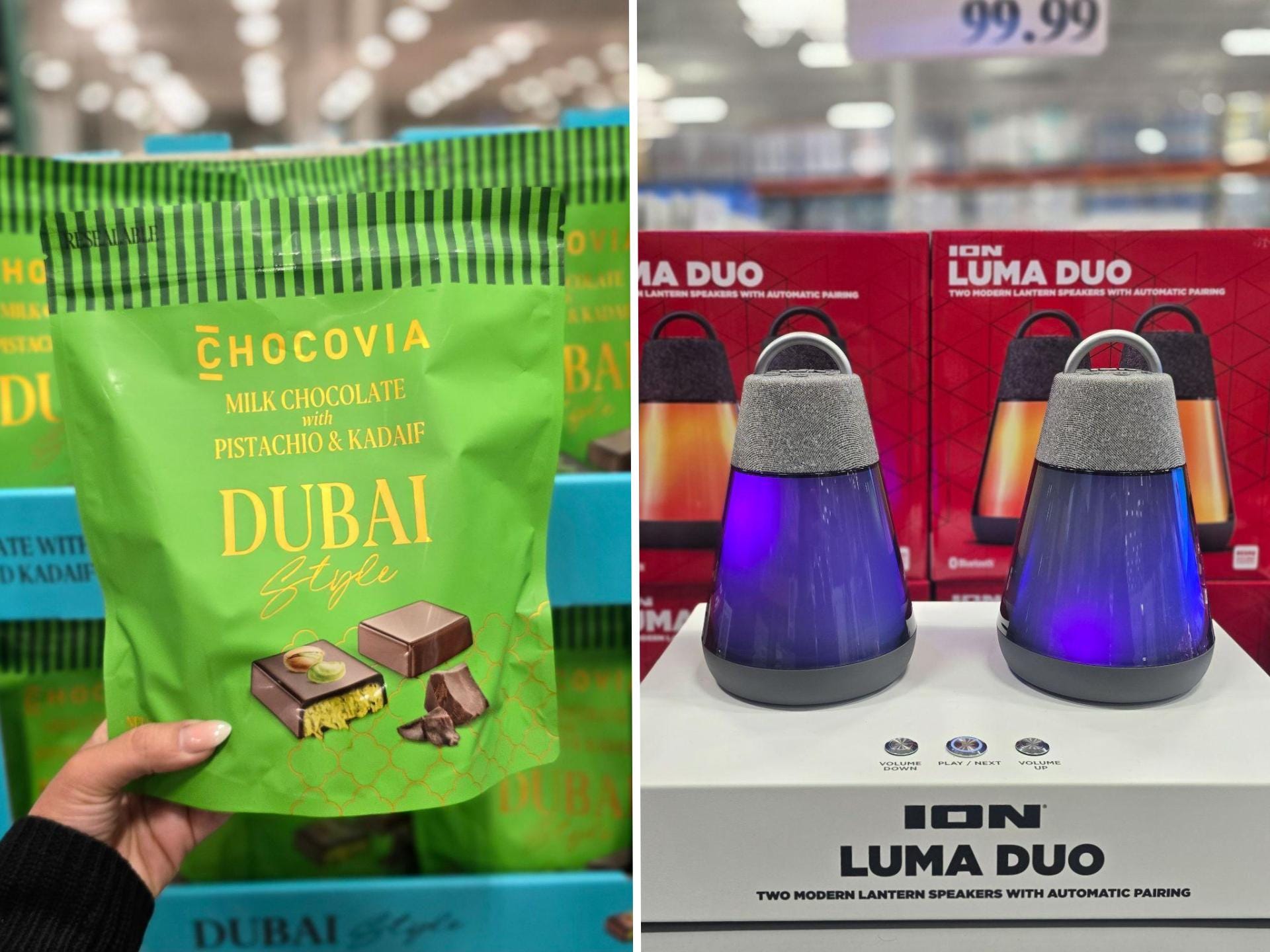 A composite image of a woman's hand holding a green bag of Chocovia Dubai-style chocolates and two light-up speakers sitting on a box.