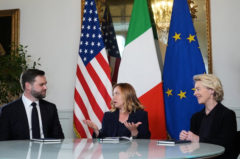 U.S. Vice President JD Vance, Italy's Prime Minister Giorgia Meloni and European Commission President Ursula von der Leyen meet at the Chigi Palace in Rome, Italy, Sunday, May 18, 2025.      Jacquelyn Martin/Pool via REUTERS