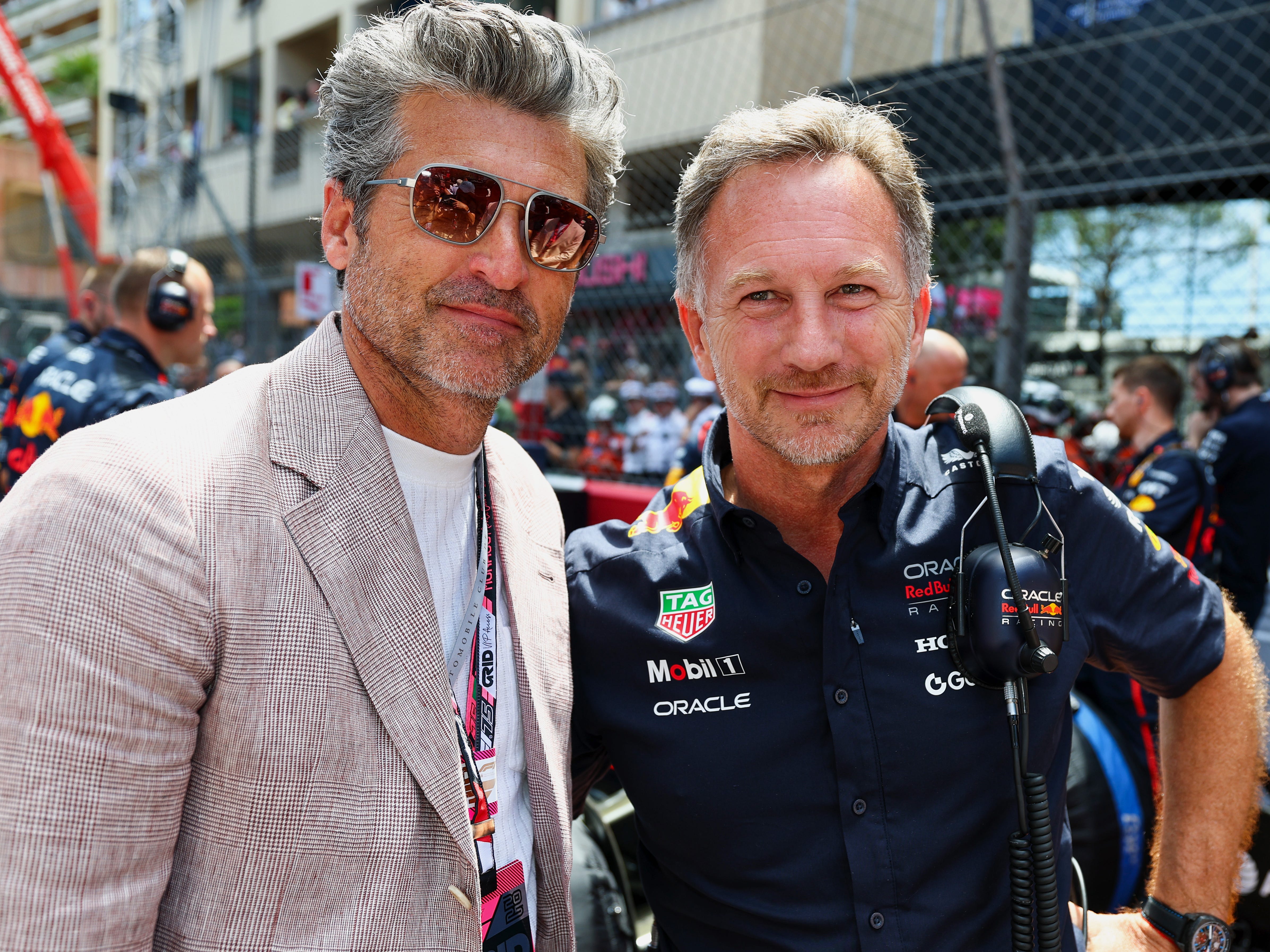 Patrick Dempsey on the grid with Christian Horner, Team Principal of Oracle Red Bull Racing, during the F1 Grand Prix of Monaco at Circuit de Monaco on May 25, 2025