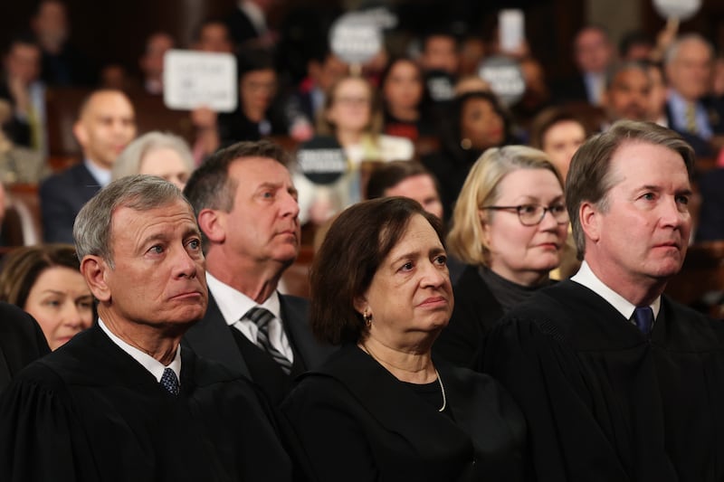 Chief Justice of the Supreme Court John Roberts, Justice Elena Kagan and Justice Brett Kavanaugh attend U.S. President Donald Trump's address to a joint session of Congress at the U.S. Capitol on March 04, 2025 in Washington, DC.