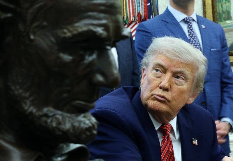 WASHINGTON, DC - MAY 23: U.S. President Donald Trump looks on in the Oval Office of the White House May 23, 2025 in Washington, DC. President Trump signed executive orders related to the nuclear power industry. (Photo by Win McNamee/Getty Images)