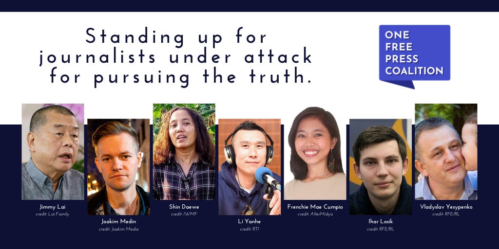 journalists photos under a banner saying "Standing up for journalists under attack from for pursuing the truth"