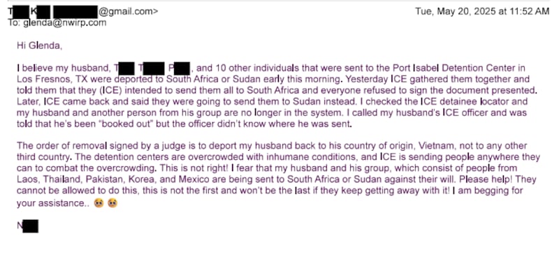 The text of an email sent by the spouse of a Vietnamese migrant deported to South Sudan.