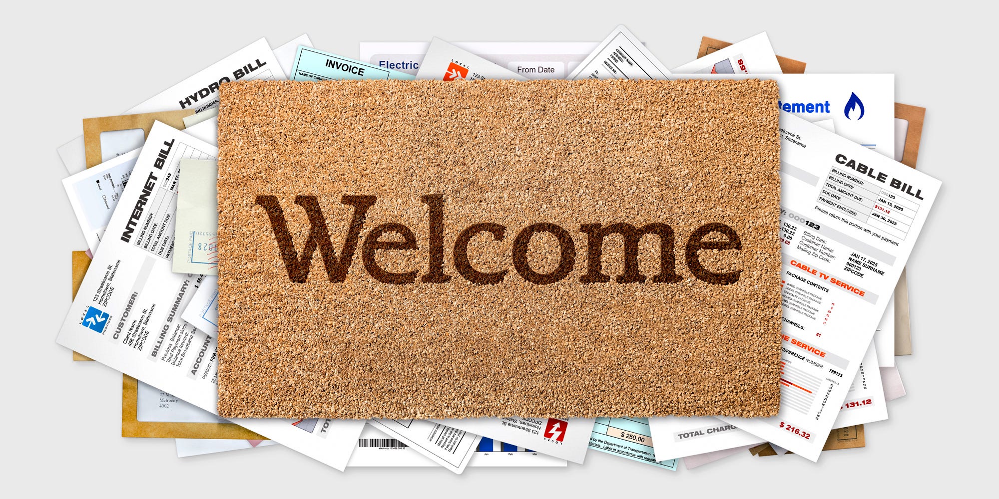 A welcome mat covering a sheaf of bills
