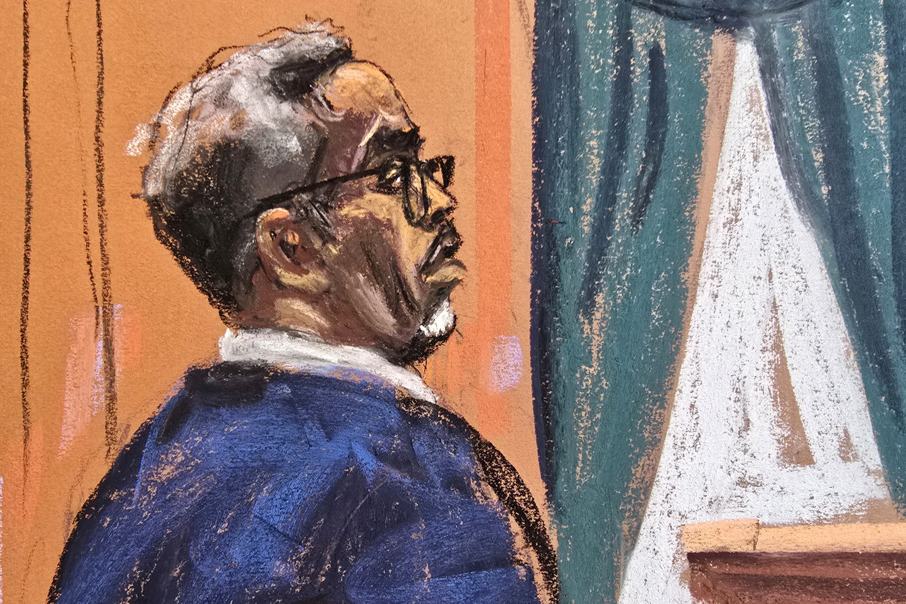 Sean "Diddy" Combs stands wearing glasses as jury selection got underway at the start of his sex trafficking trial in New York City in this courtroom sketch.