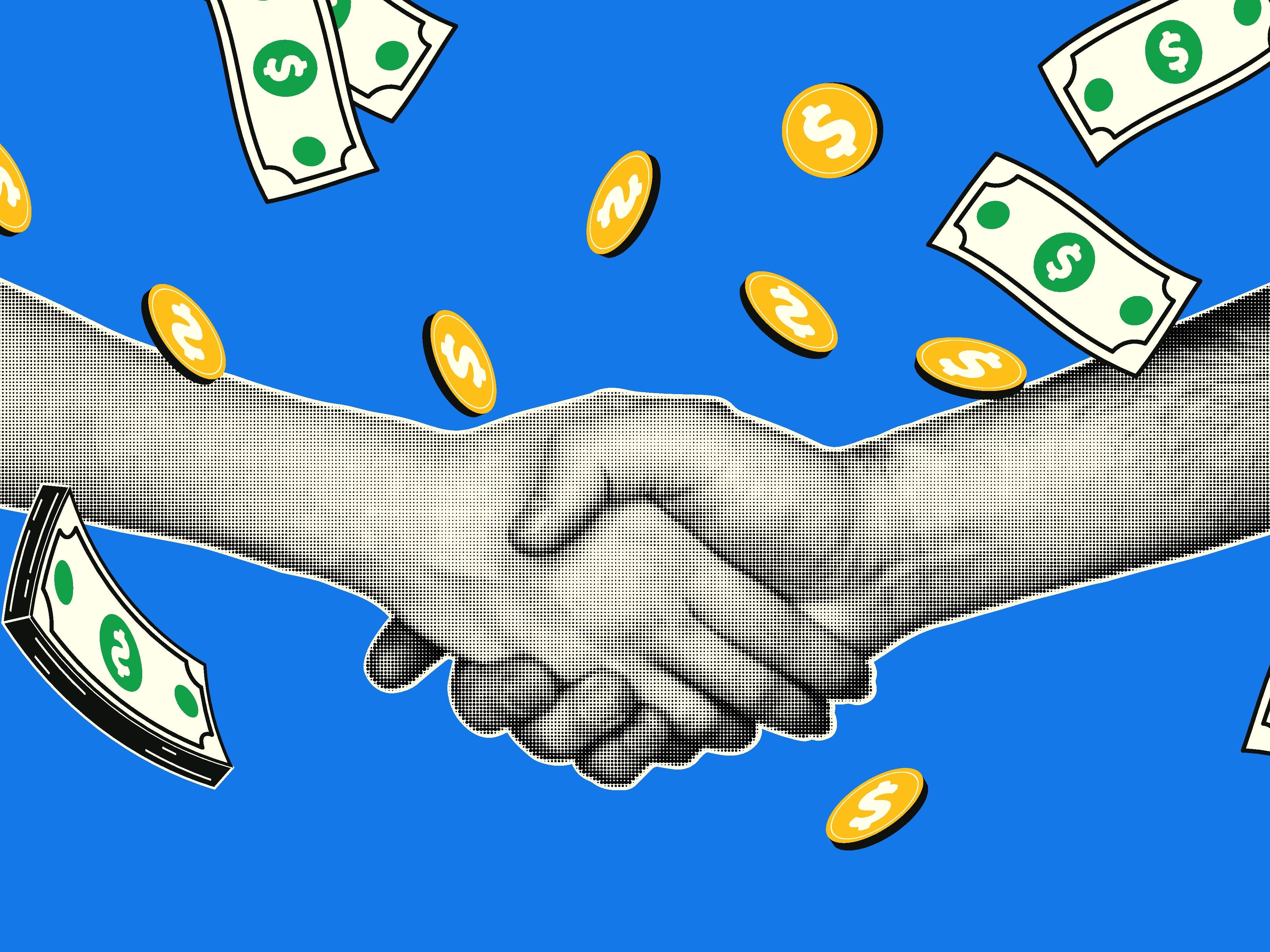 Black-and-white hands shaking surrounded by falling cash and coins.