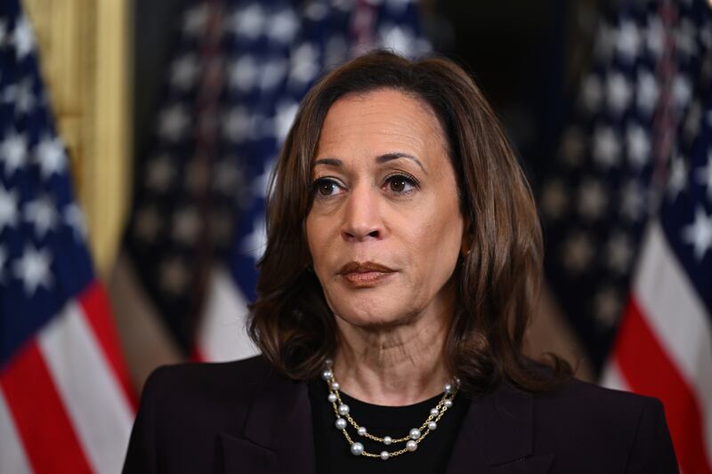 Former U.S. Vice President Kamala Harris speaks to reporters after meeting with Israeli Prime Minister Benjamin Netanyahu in the Vice President's ceremonial office in the Eisenhower Executive Office Building on July 25, 2024 in Washington, DC.
