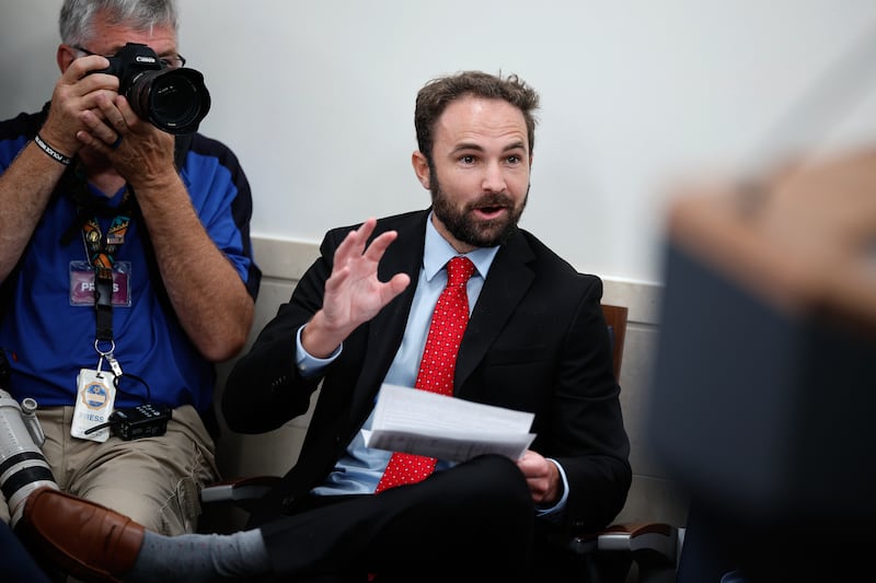 Liam Cosgrove, reporter for the blog and news aggregator ZeroHedge, asks White House Press Secretary Karoline Leavitt questions during a news conference in the Brady Press Briefing Room at the White House on May 19, 2025 in Washington, DC. Cosgrove asked about U.S. funding for foreign wars, the Clinton