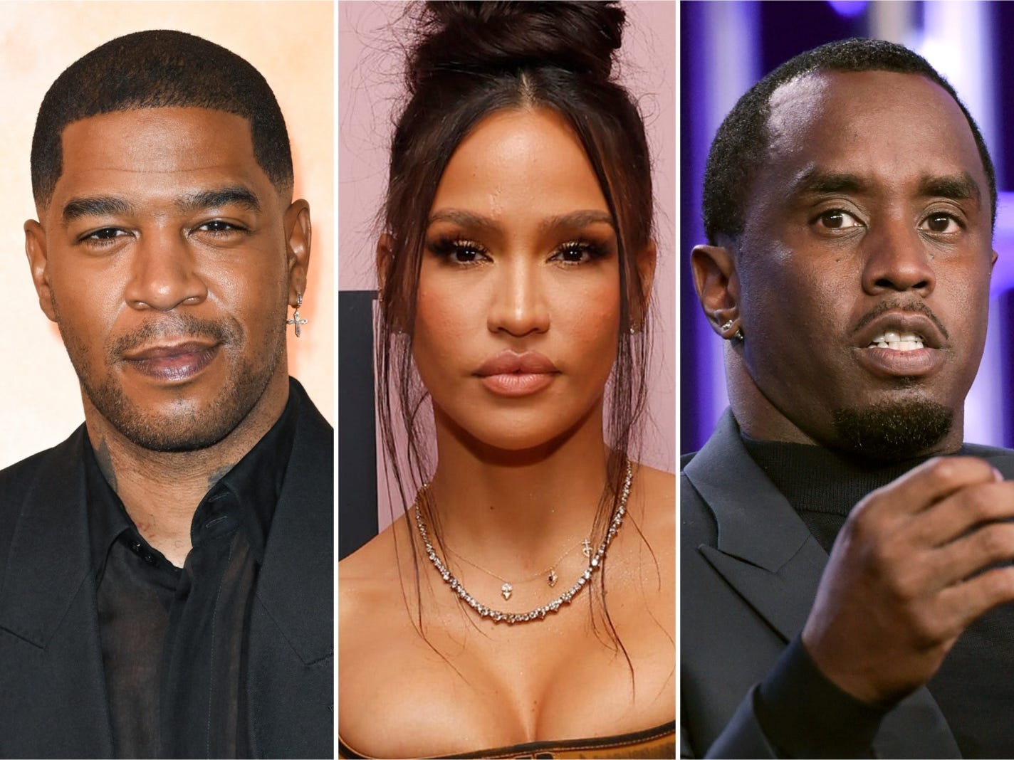 A composite of images showing Kid Cudi, Cassie, and Diddy in formal outfits.