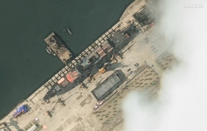 A satellite image shows the new North Korean warship at harbour before launch, in Chongjin, North Korea.
