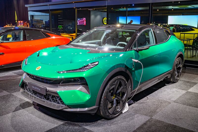 Lotus Eletre battery electric full-size luxury crossover SUV on display at the AutoSalon on Jan. 10, 2025 in Brussels, Belgium.
