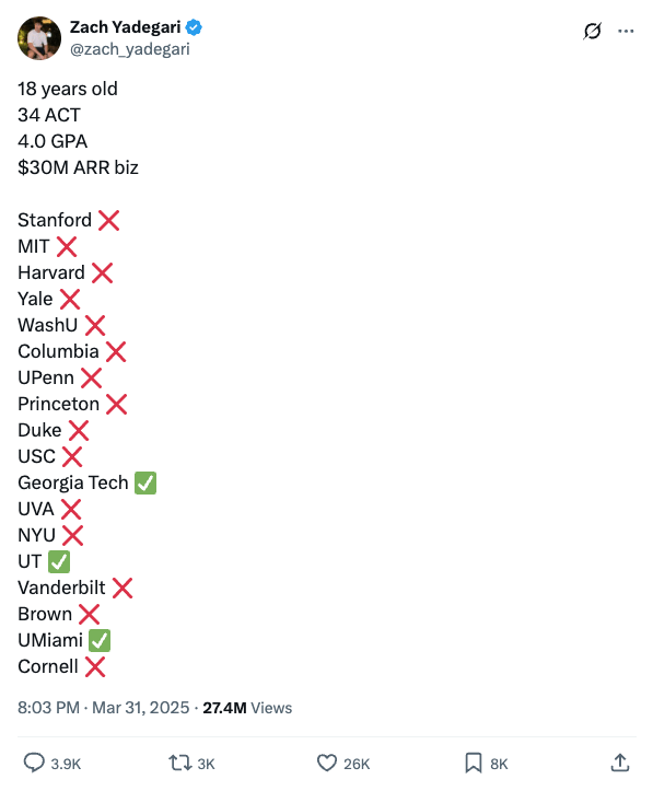 Zach Yadegari shared a list of the 15 schools that rejected despite his grades and business success.