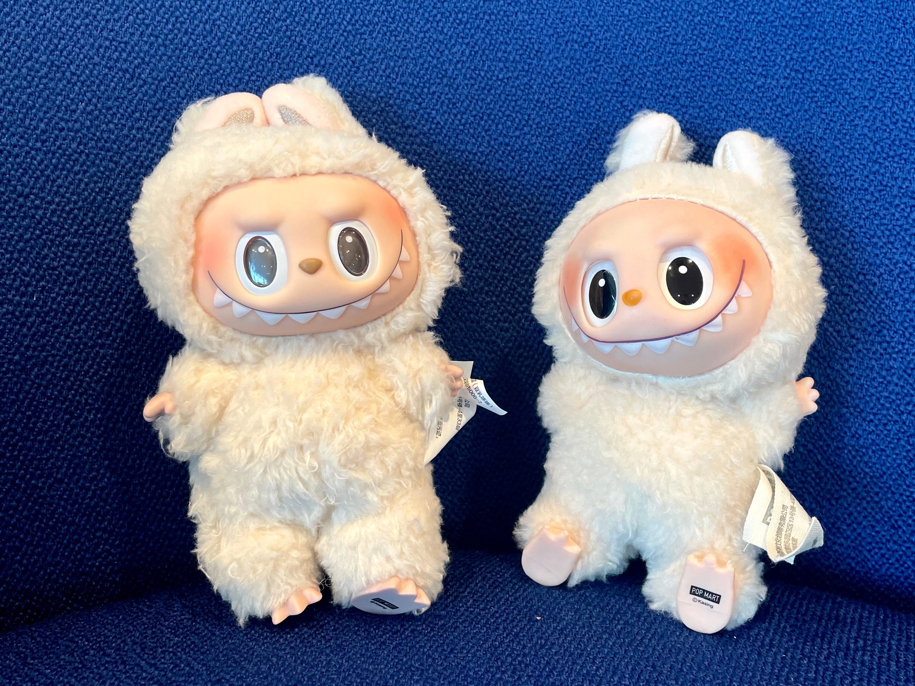A real Labubu on the left, in comparison to a fake "Lafufu" on the right.