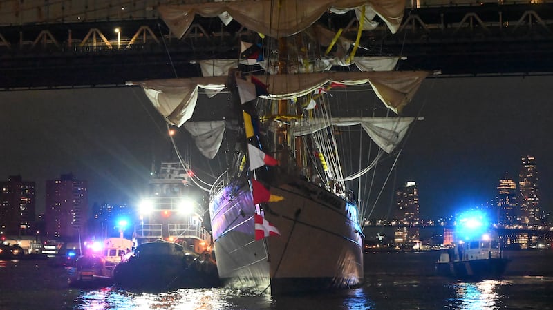 NEW YORK CITY, USA - MAY 17: A view of the Mexican navy tall ship being tended by the authorities after it crashes into the Brooklyn Bridge in Manhattan, New York, USA on May 18, 2025. The ship, which has a crew of 277, collided with the bridge's road deck and left multiple crew members seriously injured, and two people passed away, according officials and sources. (Photo by Kyle Mazza/Anadolu via Getty Images)