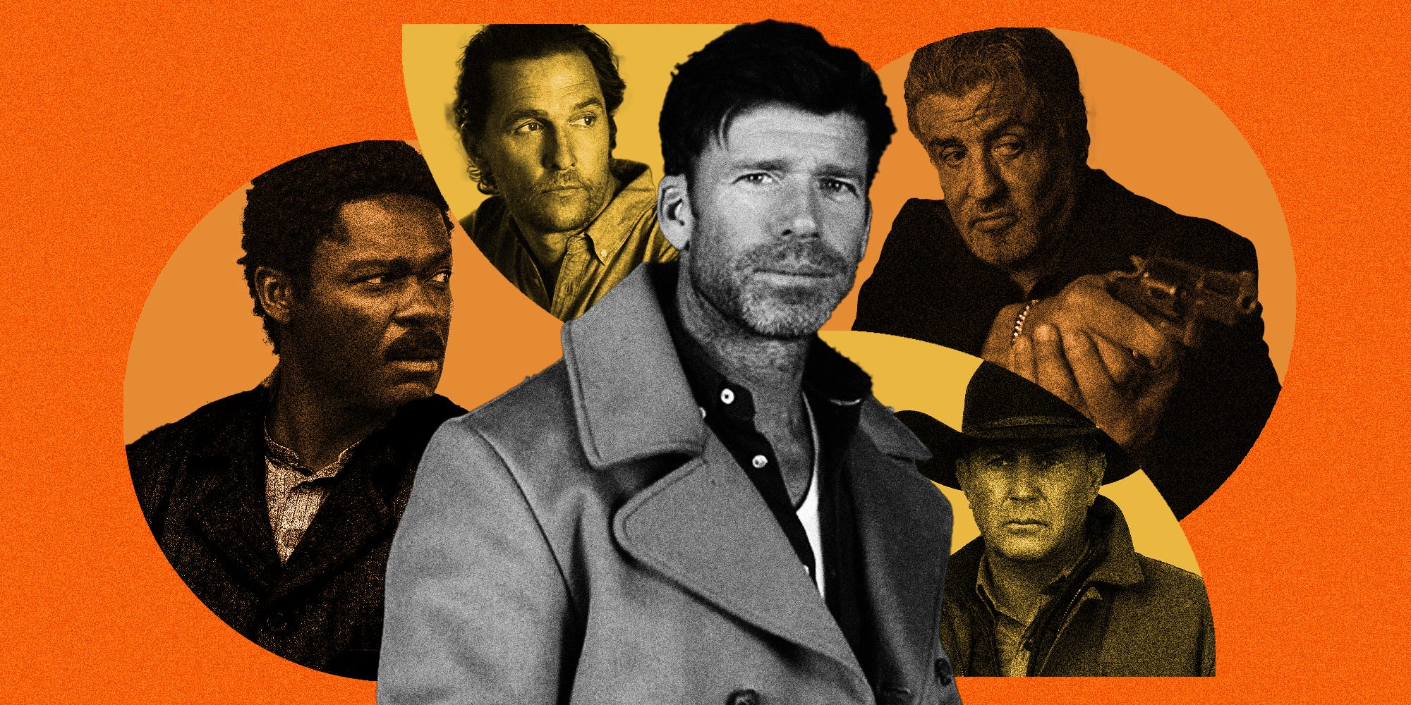 Taylor Sheridan in front of four famous actors that he has worked with