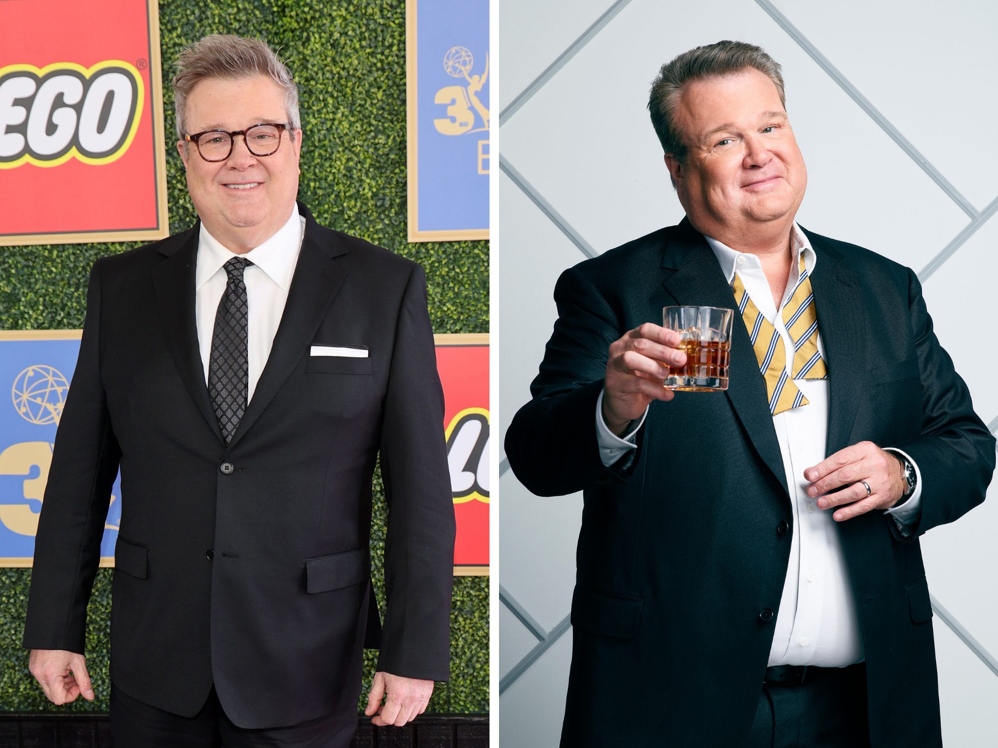 A composite image of Eric Stonestreet in 2025 in a suit at an event, and as Cam Tucker on Modern Family