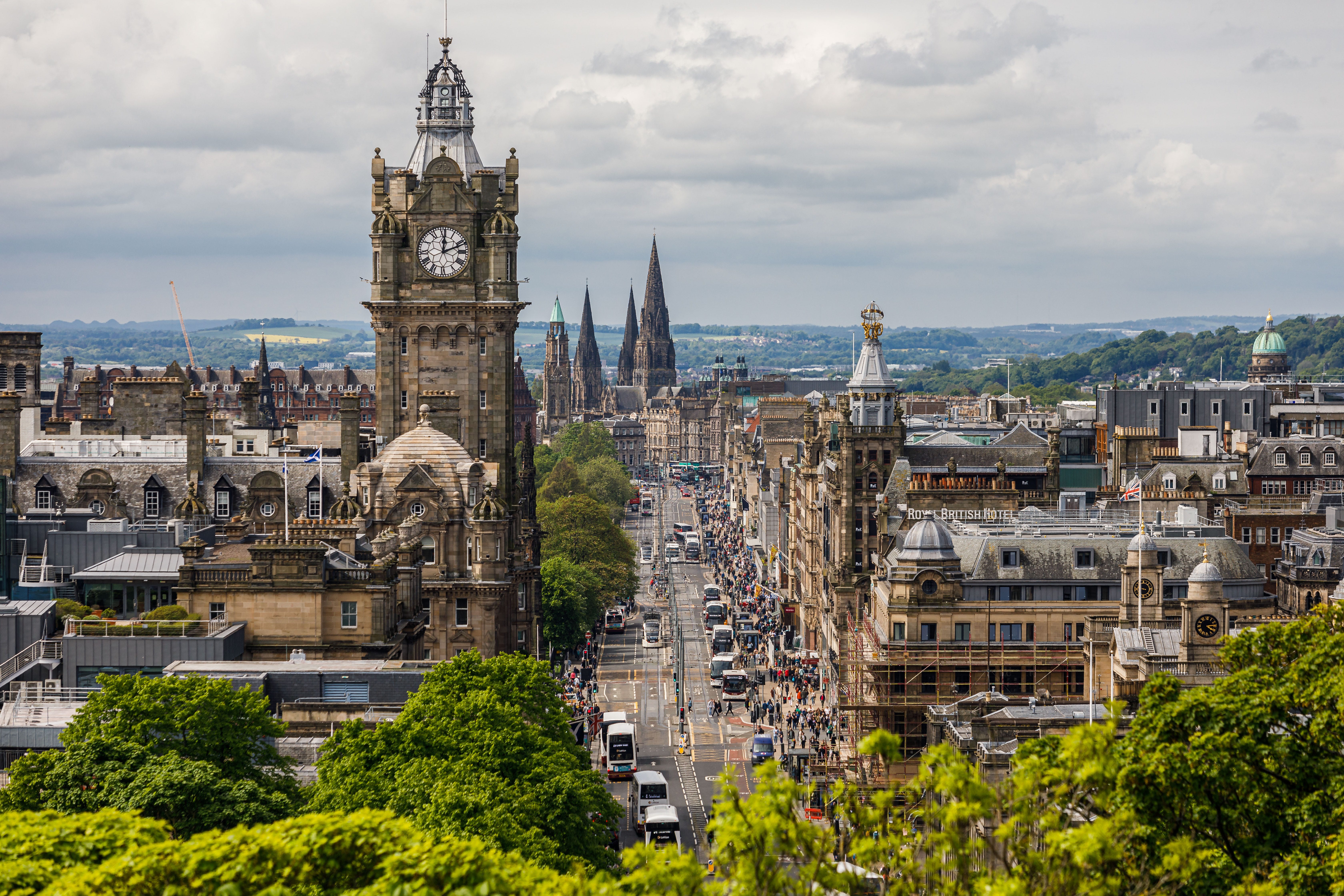 A view of Princes Street from Calton Hill, with the Scott Monument in the background, in Edinburgh