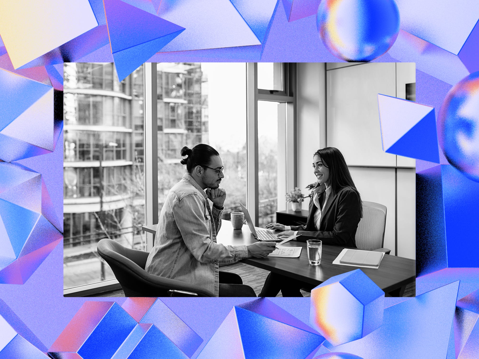 Photo of a bank teller and a customer on an abstract AI-themed Background.