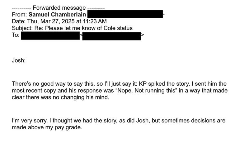 Email from Samuel Chamberlain to Josh Kosman.