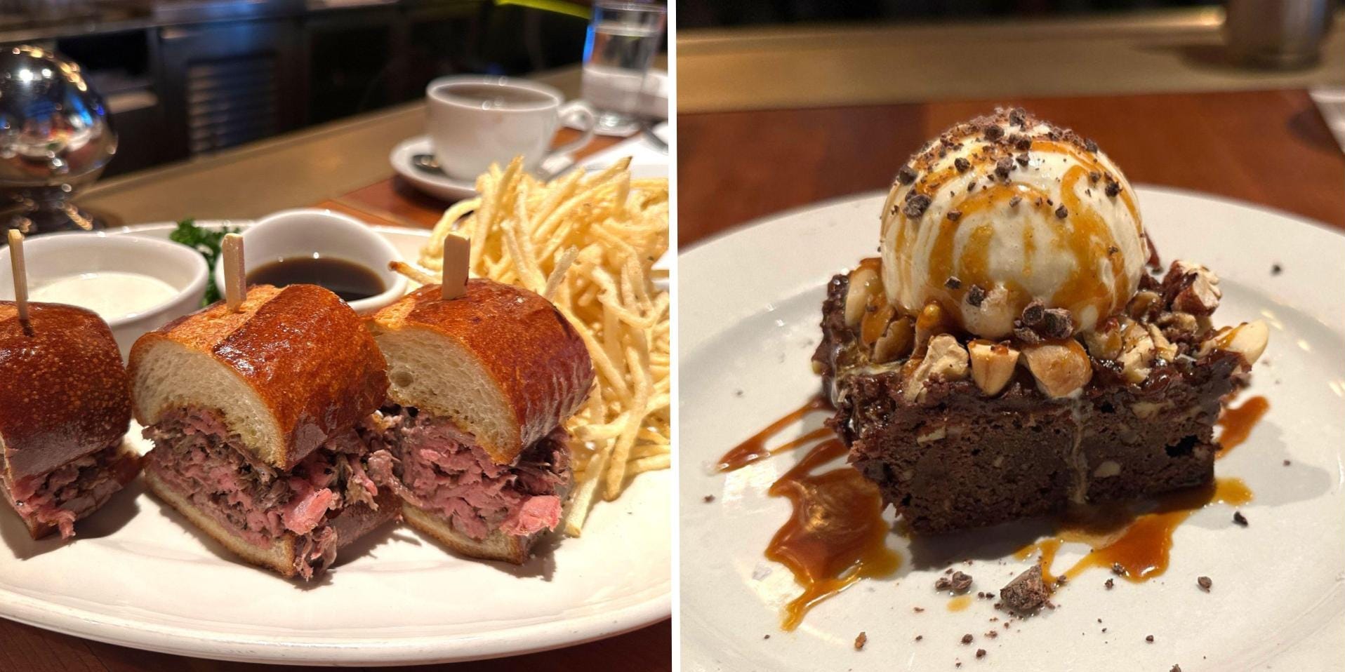 A composite image of a French dip sandwich plated with fries and two dipping sauces, and a brownie topped with ice cream, caramel sauce, and walnuts.